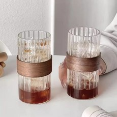 達帕朗 粗條紋 木柄 玻璃杯 冰飲 咖啡杯 360ml HJ0295, 單一顏色, 2個