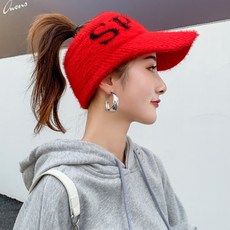 Parajuni 女款馬尾冬季針織保暖運動遮陽帽 HJ0944, 紅色, 1個