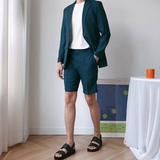 Untapped 男款夏季亞麻兩顆鈕扣休閒西裝外套 + 短褲套裝