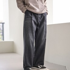 PLAYS 男款素色細褶寬鬆牛仔褲