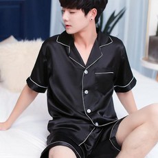男款絲質短袖睡衣上下套裝