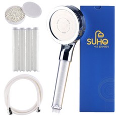 SUHO 多功能過濾蓮蓬頭 + 除鏽替換濾芯 4入 + 陶瓷球濾芯 + PVC蓮蓬頭軟管 2m 白色, 1個