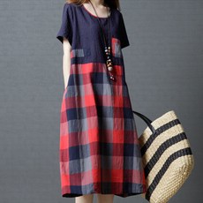 格紋口袋圓領孕婦孕產婦長版連身裙
