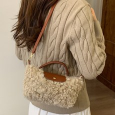 PEONIST 女款羊羔毛交叉造型托特迷你包, 米色