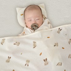 ikii 孩童乳膠枕+棉質網眼毯被組, 小兔款