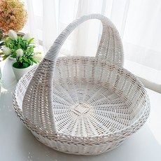 高級藤編提把圓形托盤 藤籃 N016W, 1個, 白色