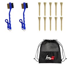 NAYASTYLE 高爾夫球桿頭清潔刷 2入 + 木製高爾夫標準球梯 10入 + 收納袋套組 GFYP-32-2 + 182-2PU, 混合顏色