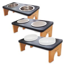 MONAGIO 寵物2格木製碗架+不鏽鋼碗 2入+陶瓷碗 2入+美耐皿碗 2入, Black Natural(Sweet Solid Wood Tableware), 1組