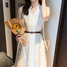 POPLAR NC 女款亨利領腰帶刺繡短袖連身裙, 白色