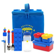 牛津野餐國王套裝, 便當盒 + 不鏽鋼3件組 + 積木保溫保冷袋, 藍色