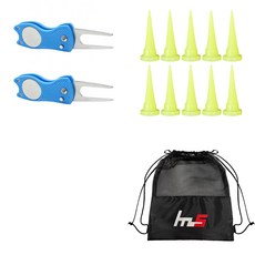 NAYASTYLE 高爾夫果嶺叉修補器 藍色 2入 + HDPE 高爾夫短球釘 螢光色 10入 + 收納袋組合 GFYP-39-3 163-3PU, 混合顏色