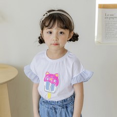 Lala Amang 女童款亮片貓咪冰棒荷葉邊短袖T恤