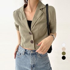 플랜데이 여성용 린넨 스타일 시티 오버핏 크롭 반팔 자켓