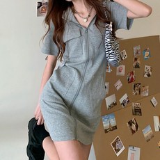 Market A 女款連帽拉鍊短袖洋裝 含大尺碼, 灰色