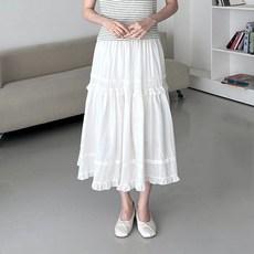 Dearlola 女款透氣荷葉邊鬆緊帶蕾絲長裙 PE_SK003