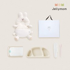 jellymom 新生兒禮盒 護頭防摔背帶枕+矽膠托盤+輔食湯匙+包巾組, 兔奶油色(保護套)、奶油米色(盤子)、淡粉紅色(湯匙), 1組