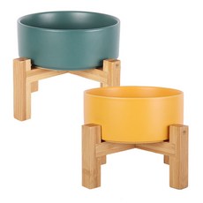 DING DONG PET 寵物架高木架瓷碗 豪華L號 2入, 黃綠色, 1套