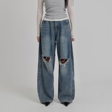 수비진 힙앤핏 여성용 사이드 핀턱 폴딩 무릎트임 와이드 데님팬츠 롱기장 HF7337