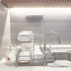 Gonggam Store 全不鏽鋼304 自動排水 窄版廚房 金屬層架 碗盤瀝水架, 銀色, 1個, 2層