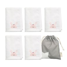 SEMOMS 兔子刺繡毛巾 5入+收納袋, 乳白色, 1組