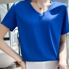 더시럽 여성용 컬러팝 V넥 실크 루즈핏 반팔 티셔츠