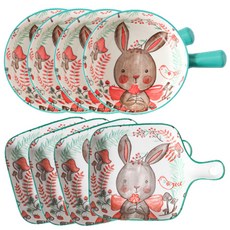 Willive 動物角色陶瓷分食盤 附把手碗+附把手盤子套組, 薄荷綠, 4套