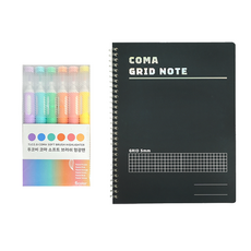 TUCO.B Coma 軟刷頭螢光筆 6色 + Coma B5方格筆記本套組, 1套, 粉紫色, 粉藍色, 粉綠色, 粉橘色, 粉紅色, 粉黃色(螢光筆), 黑色(筆記本)
