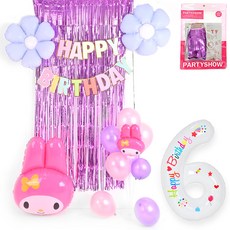 PARTYSHOW 生日派對角色美樂蒂氣球 + 數字氣球6件組, 淡薰衣草紫(銀箔流蘇窗簾), 白色(數字氣球), 1套