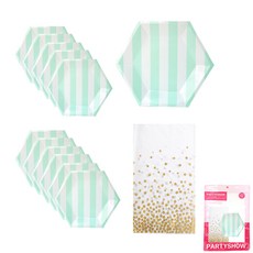 PARTYSHOW 條紋盤子 20cm 薄荷綠 12入+桌巾 金色圓點, 1套