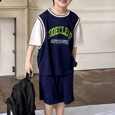Uvely Suramong 兒童運動籃球服兩件式 幼兒短袖短褲運動服 海軍藍 140