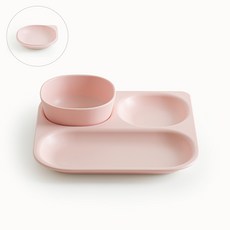 TACKAON 嬰幼兒用方形3格餐具組, 3格餐盤 + 飯碗 + 迷你S盤, 粉紅色, 1套