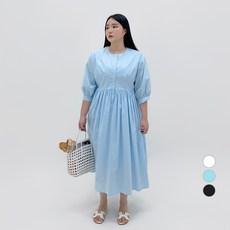 102102 여성용 빅사이즈 퍼프 버튼 플레어 롱 반팔 원피스