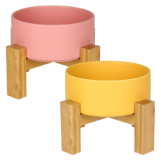 meongzi 2層陶瓷餵食碗組 2入 S號, 黃色, 粉紅色, 1套