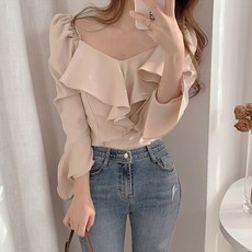 POPLAR NC 女款荷葉邊領長袖襯衫