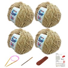 행복뜨기 슈퍼베이비 뜨개실 4p + 바늘 6mm + 돗바늘 + 가죽 라벨 + 목도리 도안 세트, 1세트, 베이지