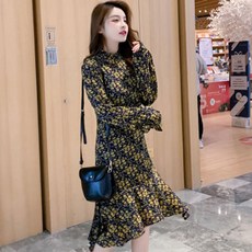 孕婦雪紡小碎花長袖連身裙