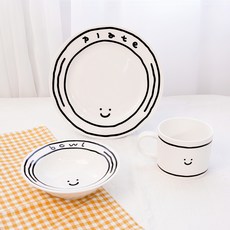 inbloom 微笑陶瓷擺盤碗盤3件組, 1套, 盤子 20cm + 碗 14cm + 馬克杯 240ml, 白色
