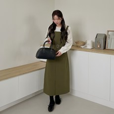 EVELLET 大尺碼附腰帶吊帶長版連身裙 腰帶, 卡其色