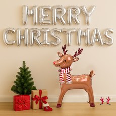 PARTYSHOW 聖誕節活動字母拉旗 銀色 + 魯道夫氣球套組, 混合顏色, 1套