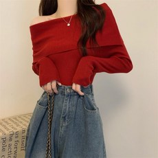 PEONIST 女性顯瘦一字領長袖針織衫