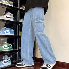 구디프 남성용 아메리칸 빈티지 일자핏 와이드 카고 팬츠