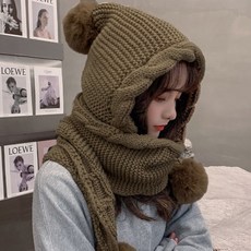 Allode 厚實毛球連帽保暖頭套, 5 卡其色, 1個