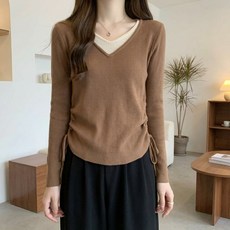 UNHEVE 女款疊穿抓皺V領T恤