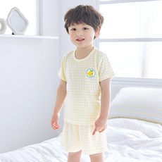 메이키즈 무형광 체크 옐로나나 5부 모달 실내복 상하의 세트