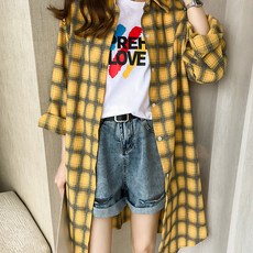 솔레일 더시럽 여성용 루즈핏 미디엄 체크 롱 셔츠