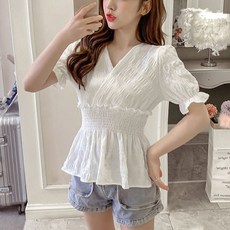 마더브띠 여성용 허리셔링 브이넥 프릴 블라우스