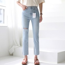 BBAEBBAE 女款隱藏式鬆緊腰帶割破剪裁彈力牛仔褲