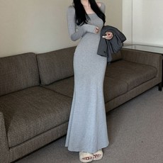 Goodif 圓領長袖長版連身裙, 灰色