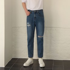 PLAYS 男款大腿膝蓋破洞錐形復古牛仔褲