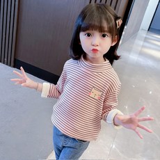 BEBENIZ 女童條紋動物圖案內刷毛長袖T恤